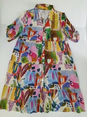 Toofan Colorful Abstract Patterned Button Up Midi Dress 3/4 Sleeve SIZE S NWOT